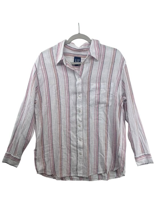 GAP Tops - Gap Women Button Shirt Sz M White/Pink Stripe Linen Blend Classic Beachy Coastal